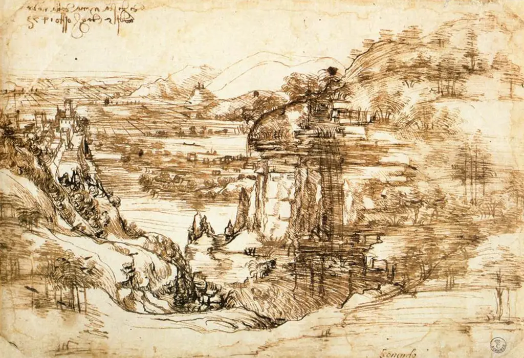 Landscape drawing for Santa Maria della Neve in Detail Leonardo da Vinci